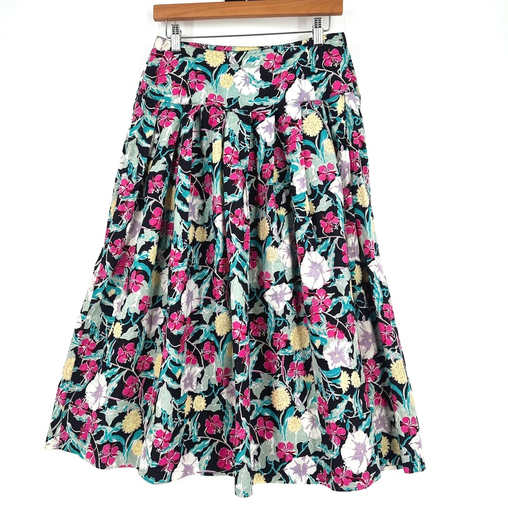 VTG 90s Laura Ashley Midi Linen Blend Dark Floral Full Skirt 12 Cottage Prairie